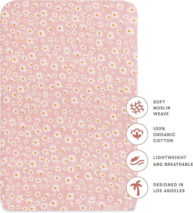 babyletto Muslin Baby Bassinet Sheets for Girls & Boys - GOTS Certified Breathable Organic Cotton Cover - 360° Fitted, Soft, Gentle, and Cozy Rectangle Bedside Bassinet Sheets - Daisy - Image 3